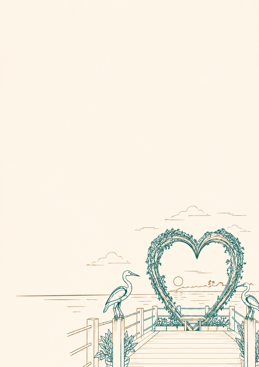 Ilustração do deck com garças e arco de coração ao pôr do sol